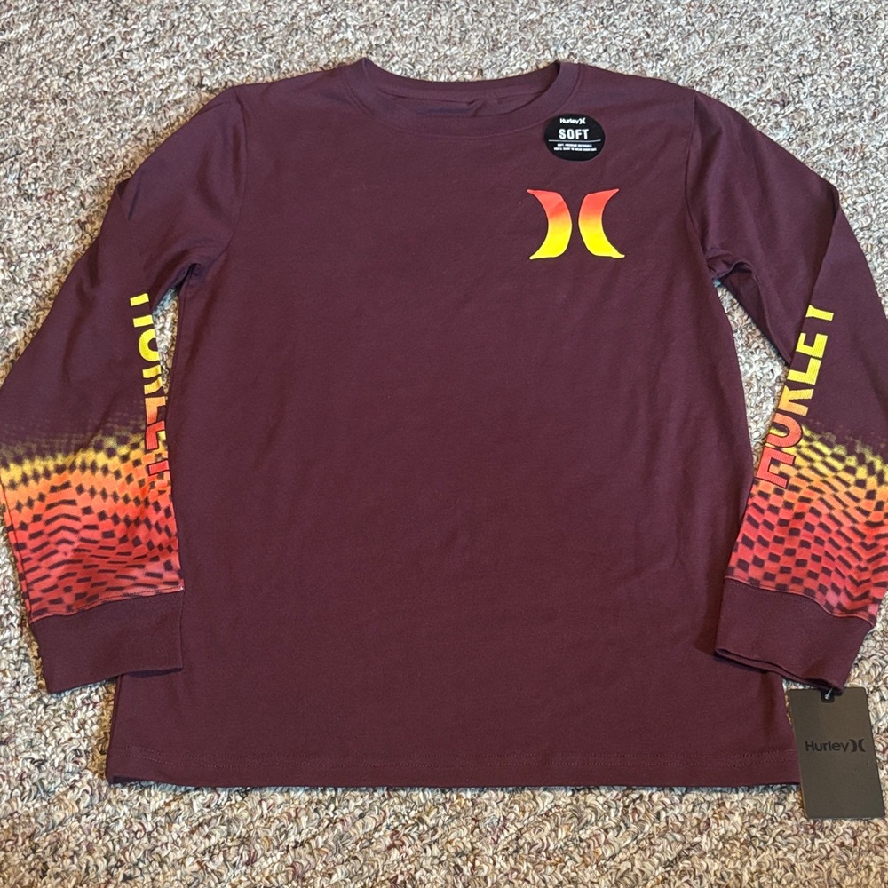 New Hurley long sleeve youth boys T-shirt Burgundy with Orange & Yellow Checks
